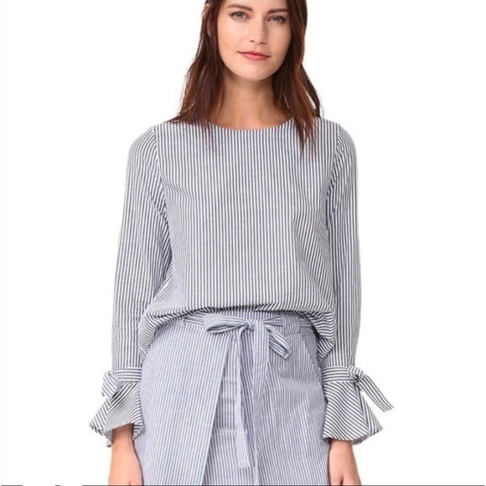J.O.A. Los Angeles Striped Long Sleeve Tie Cuff Blouse Top‎